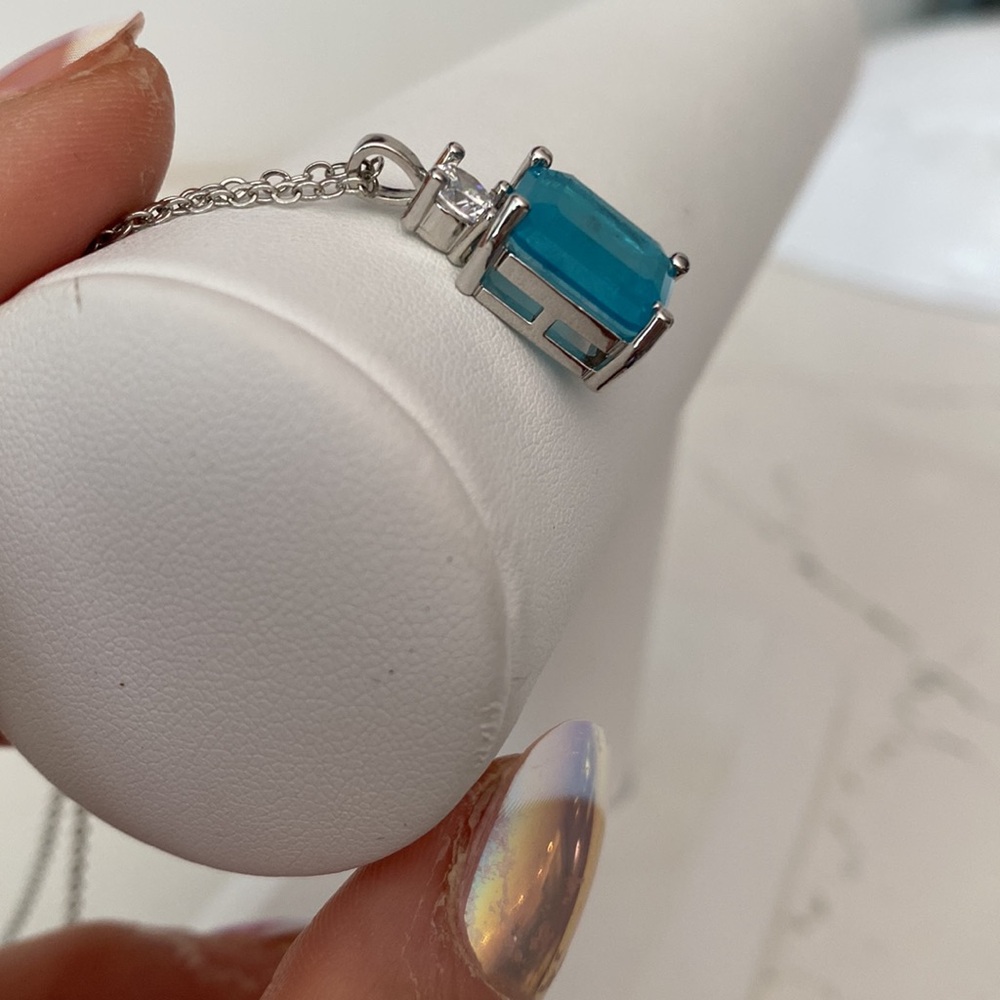 Genuine Pariba Pendant Necklace Emerald shaped stone 925 silver - Picture 2 of 4